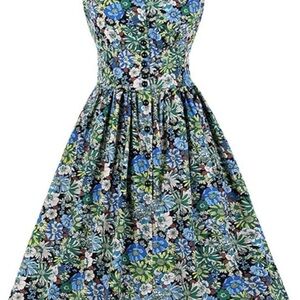 Women's Split Neck Floral Button 1940s Day 1950s Vintage Tea Dress